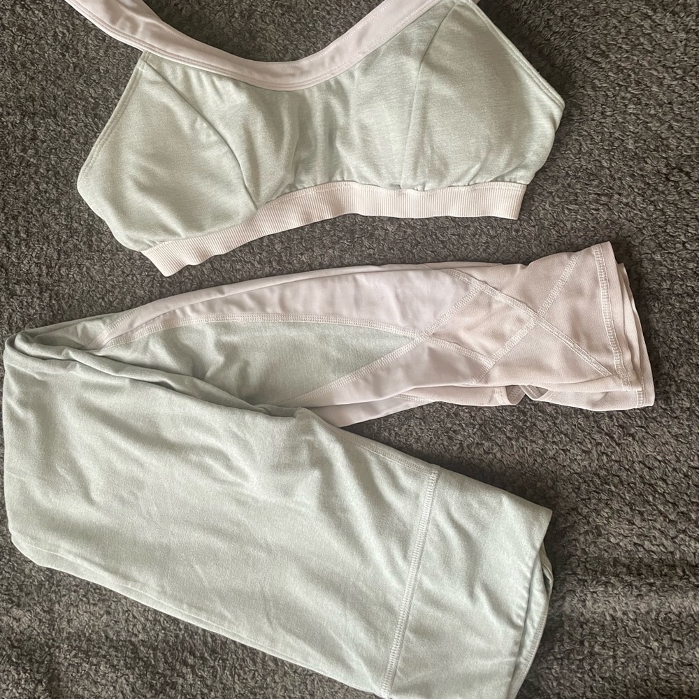 FP Movement Mint Seafoam Green and White Mesh Legging and Sports Bra Set